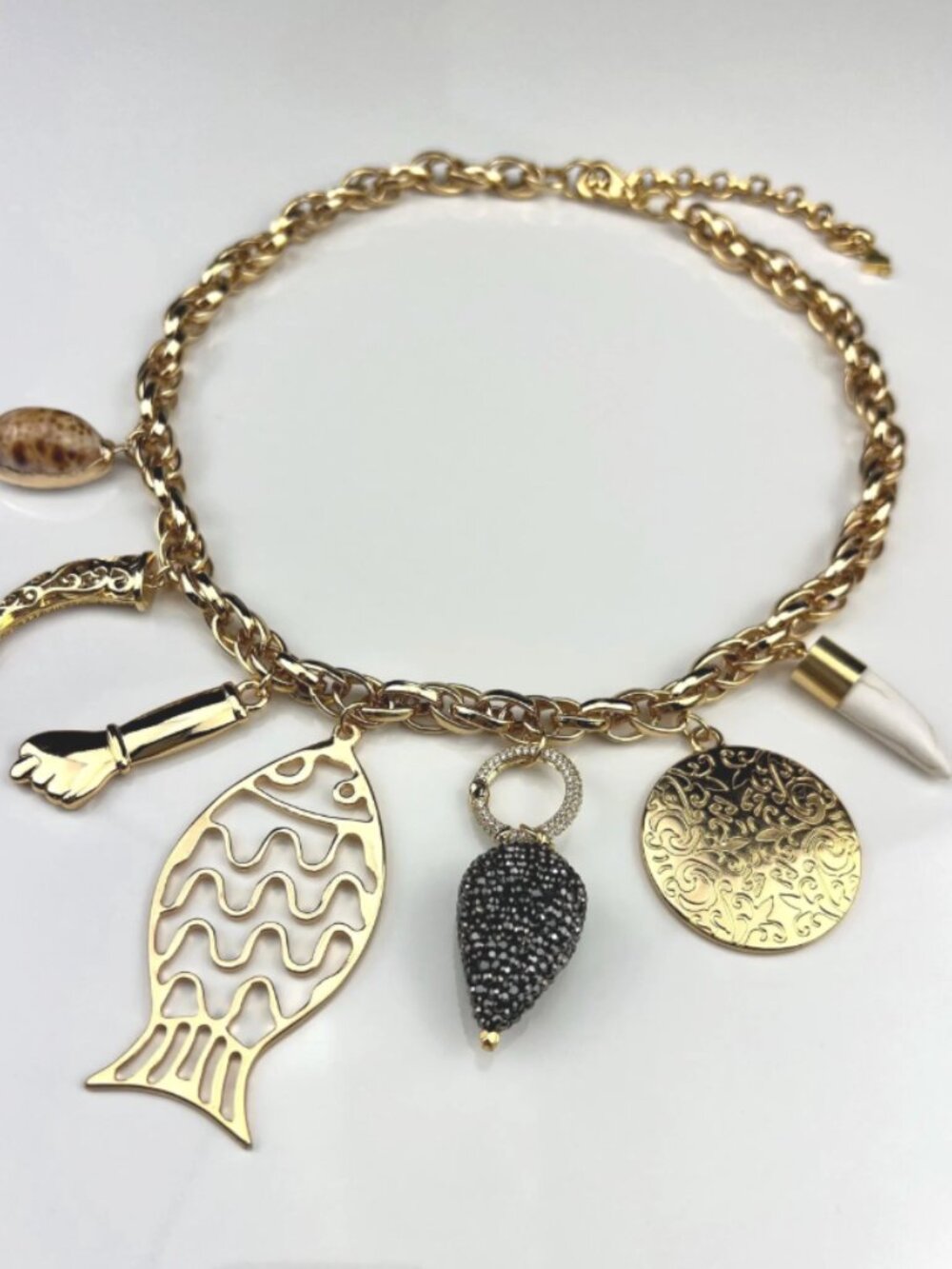 Coastal Charm Gold Fish Necklace | Shell Pendant Boho Statement Necklace
